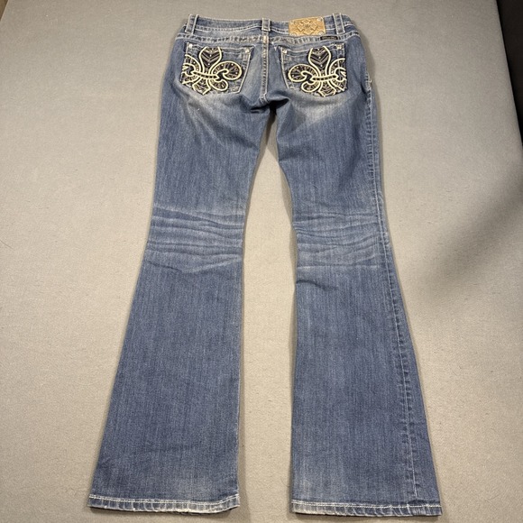 Miss Me Boot Womens 28 Embellished Fleur De Lis  Jeans THICK STITCH WHISKERING - Picture 3 of 10